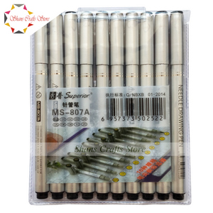 Set of needle drawing pens with varying tip sizes displayed alongside sample lines of ink.