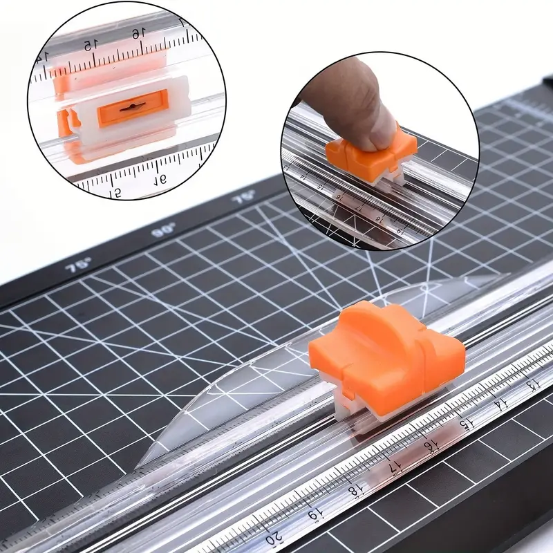 A paper cutter featuring a transparent cutting guide and an orange adjustment handle for precise cutting.